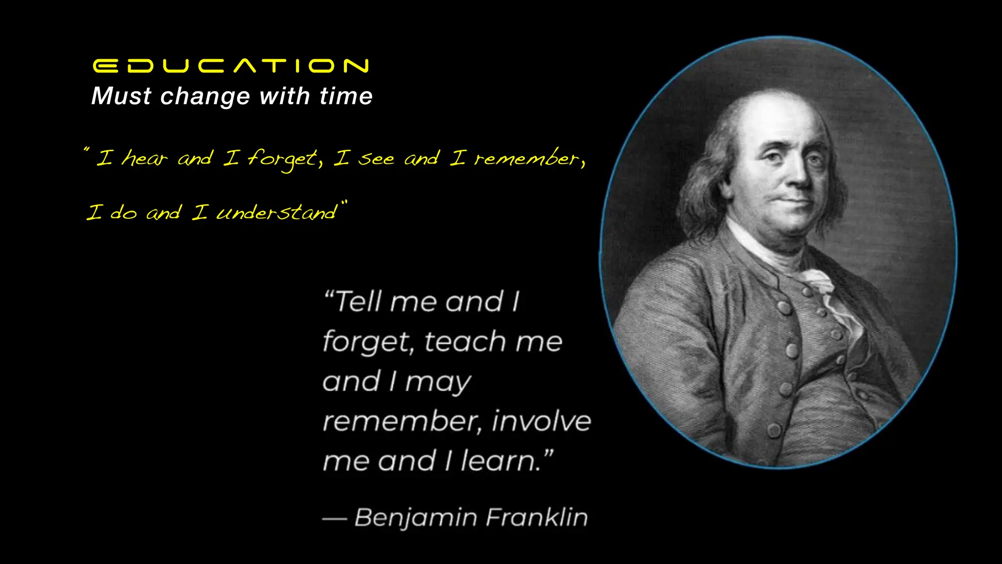 E d u c at i o n
Must change with time
“I hear and I forget, I see and I remember,
I do and I understand”
 