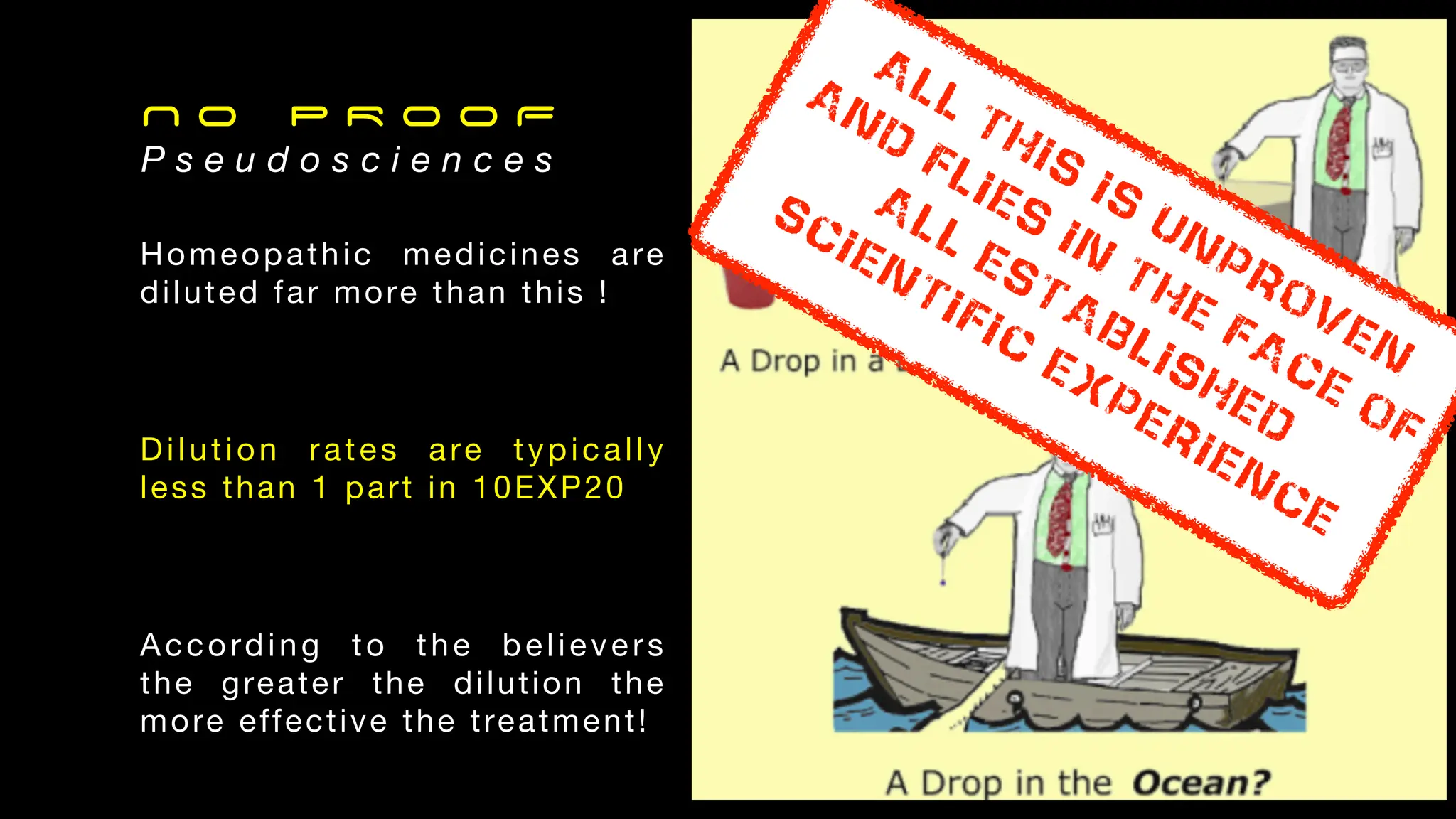 N o P R O O F
P s e u d o s c i e n c e s
Homeopathic medicines are
diluted far more than this !
Dilution rates are typically
less than 1 part in 10EXP20
According to the believers
the greater the dilution the
more effective the treatment!
ALL THIS
IS
UNPROVEN
AND
FLIES
IN
THE
FACE
OF
ALL ESTABLISHED
SCIENTIFIC
EXPERIENCE
 