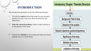 INTRODUCTION
The introduction generally covers the following elements:
• Provide the context and set the stage for your research
question in such a way as to show its necessity and
importance.
 State the research problem, which is often referred to
as the purpose of the study.
 Present the rationale of your proposed study and clearly
indicate why it is worth doing
.
 