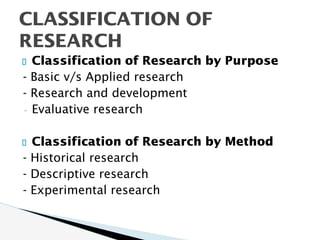 Classification of Research by Purpose
- Basic v/s Applied research
- Research and development
- Evaluative research
Classification of Research by Method
- Historical research
- Descriptive research
- Experimental research
CLASSIFICATION OF
RESEARCH
 