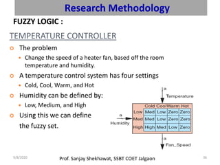 TEMPERATURE CONTROLLER
 The problem
 Change the speed of a heater fan, based off the room
temperature and humidity.
 A temperature control system has four settings
 Cold, Cool, Warm, and Hot
 Humidity can be defined by:
 Low, Medium, and High
 Using this we can define
the fuzzy set.
Research Methodology
FUZZY LOGIC :
Prof. Sanjay Shekhawat, SSBT COET Jalgaon9/8/2020 36
 