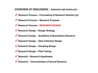 OVERVIEW OF DISCUSSION :  RESEARCH METHODOLOGY<br /><ul><li>Research Process – Formulating of Research Question [s]