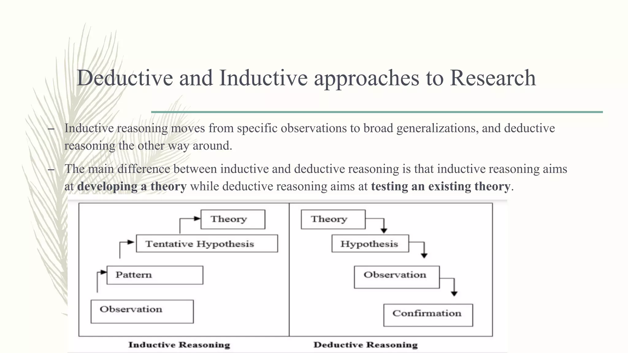 Deductive and Inductive approaches to Research
– Inductive reasoning moves from specific observations to broad generalizations, and deductive
reasoning the other way around.
– The main difference between inductive and deductive reasoning is that inductive reasoning aims
at developing a theory while deductive reasoning aims at testing an existing theory.
 