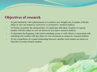 Objectives of research
1. To gain familiarity with a phenomenon or to achieve new insights into it (studies with this
object in view are termed as exploratory or formulative research studies);
2. To Portray accurately the characteristics of a particular individual, situation or a group
(studies with this object in view are known as descriptive research studies);
3. To determine the frequency with which something occurs or with which it is associated with
something else (studies with this object in view are known as diagnostic research studies);
4. To test a hypothesis of a causal relationship between variables (such studies are known as
Hypothesis-testing research studies).
 