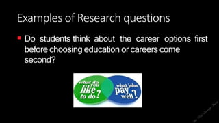 Examples of Research questions
 Do students think about the career options first
before choosing education or careers come
second?
 