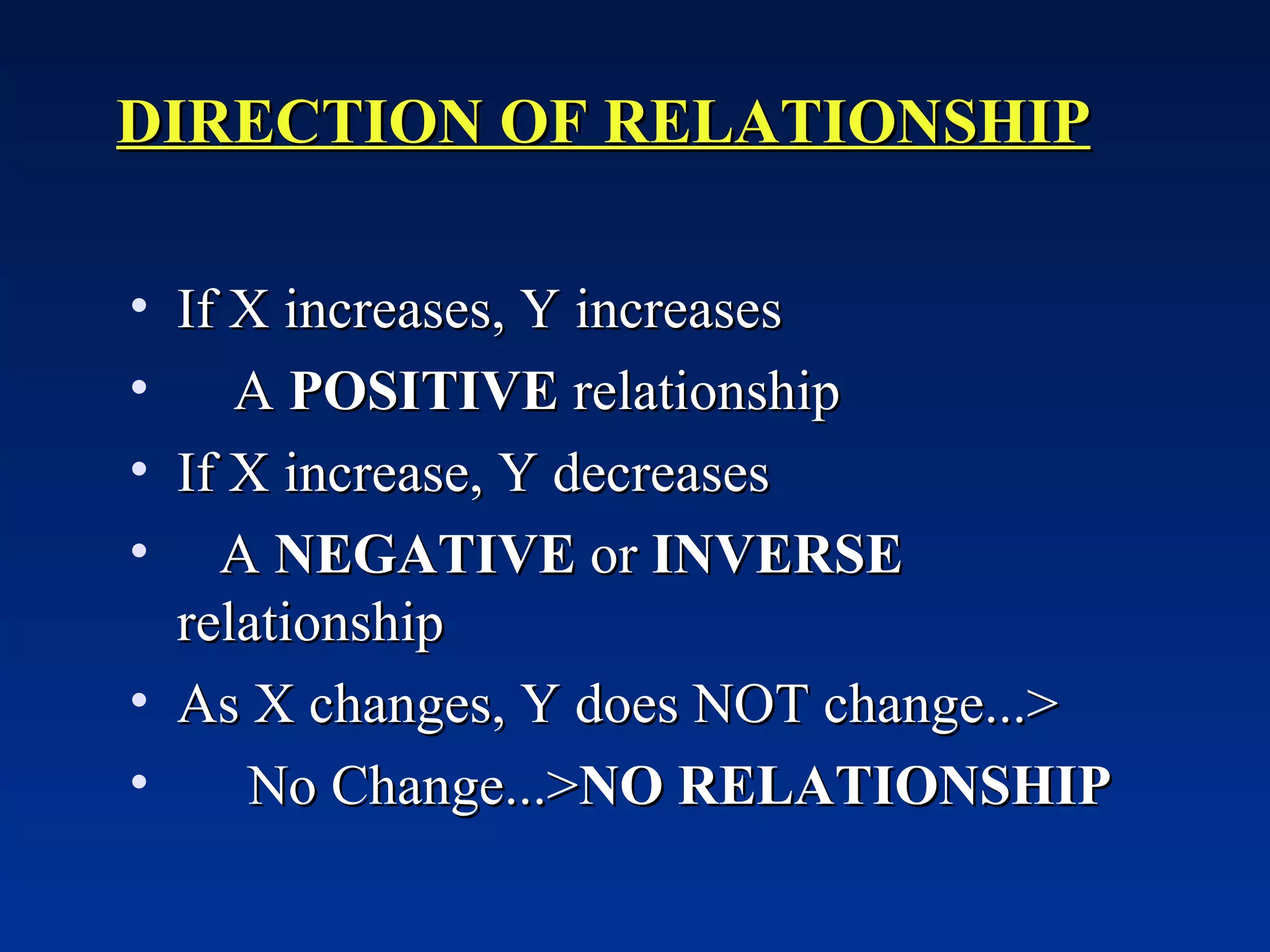 DIRECTION OF RELATIONSHIP If X increases, Y increases A  POSITIVE  relationship If X increase, Y decreases A  NEGATIVE  or  INVERSE    relationship As X changes, Y does NOT change...> No Change...> NO RELATIONSHIP 