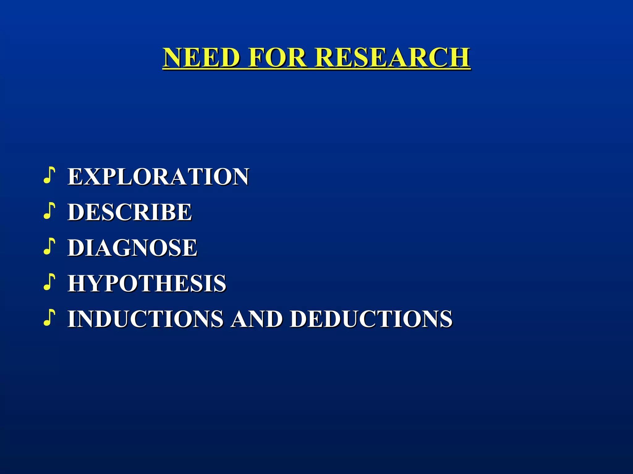 ♪ EXPLORATIONEXPLORATION
♪ DESCRIBEDESCRIBE
♪ DIAGNOSEDIAGNOSE
♪ HYPOTHESISHYPOTHESIS
♪ INDUCTIONS AND DEDUCTIONSINDUCTIONS AND DEDUCTIONS
NEED FOR RESEARCHNEED FOR RESEARCH
 