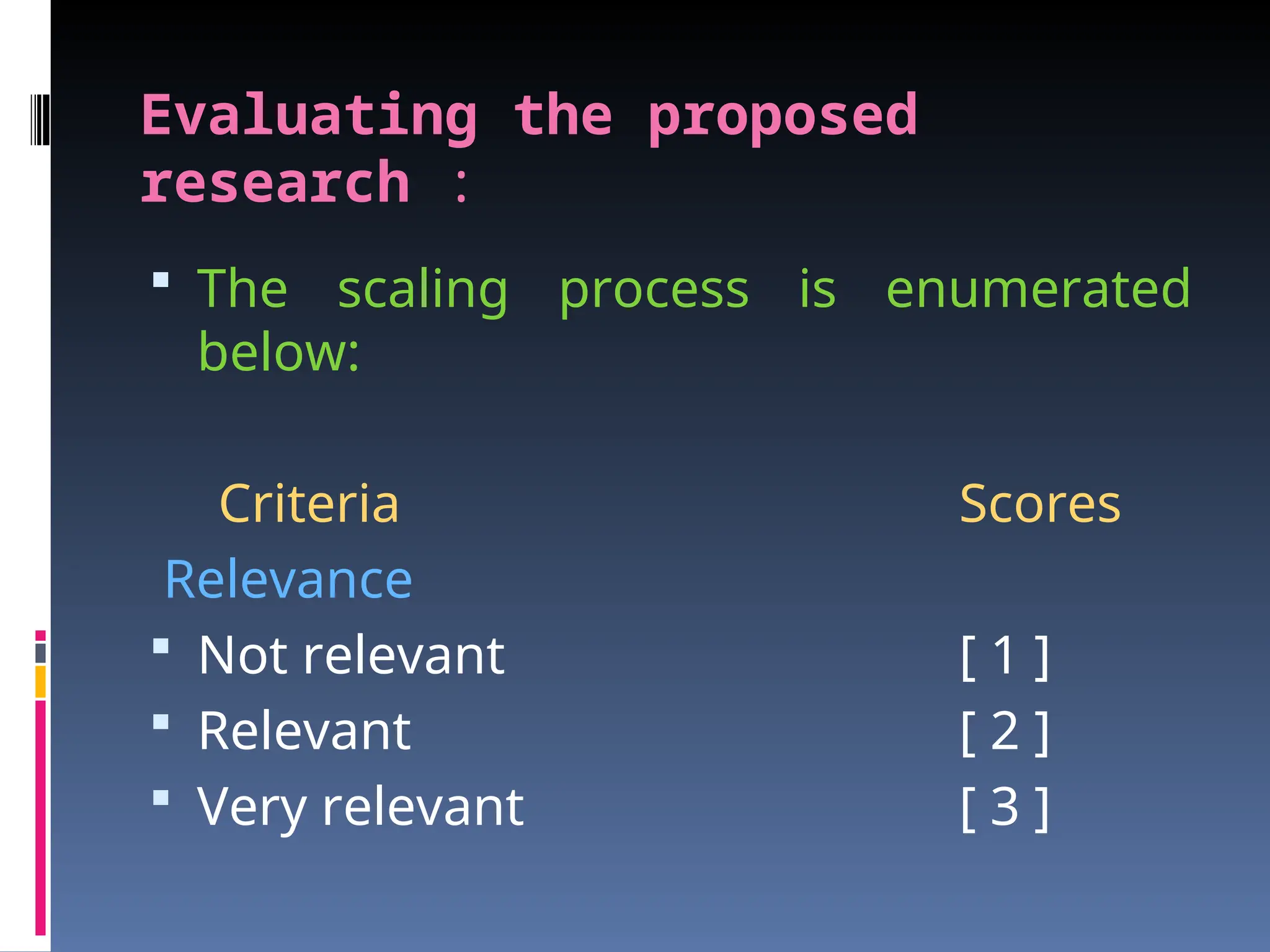 Evaluating the proposed
research :
 The scaling process is enumerated
below:
Criteria Scores
Relevance
 Not relevant [ 1 ]
 Relevant [ 2 ]
 Very relevant [ 3 ]
 