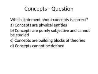 Concepts - Question
Which statement about concepts is correct?
a) Concepts are physical entities
b) Concepts are purely subjective and cannot
be studied
c) Concepts are building blocks of theories
d) Concepts cannot be defined
 