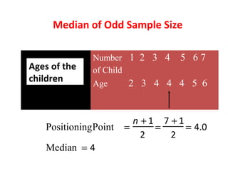 Median of Odd Sample Size
Median
PositioningPoint
Median
=
+
=
+
=
=
n 1
2
7 1
2
4 0
4
.
Number 1 2 3 4 5 6 7
of Child
Age 2 3 4 4 4 5 6
Ages of the
children
 
