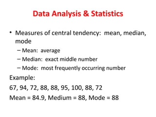 Data Analysis & Statistics
• Measures of central tendency: mean, median,
mode
– Mean: average
– Median: exact middle number
– Mode: most frequently occurring number
Example:
67, 94, 72, 88, 88, 95, 100, 88, 72
Mean = 84.9, Medium = 88, Mode = 88
 
