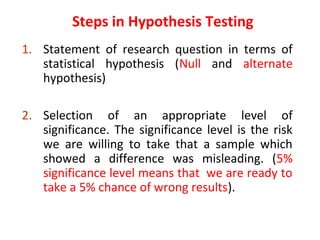 Steps in Hypothesis Testing
1. Statement of research question in terms of
statistical hypothesis (Null and alternate
hypothesis)
2. Selection of an appropriate level of
significance. The significance level is the risk
we are willing to take that a sample which
showed a difference was misleading. (5%
significance level means that we are ready to
take a 5% chance of wrong results).
 
