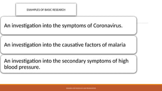 An investigation into the symptoms of Coronavirus.
An investigation into the causative factors of malaria
An investigation into the secondary symptoms of high
blood pressure.
EXAMPLES OF BASIC RESEARCH
RESEARCH METHODOLOGY AND PRESENTATION
 