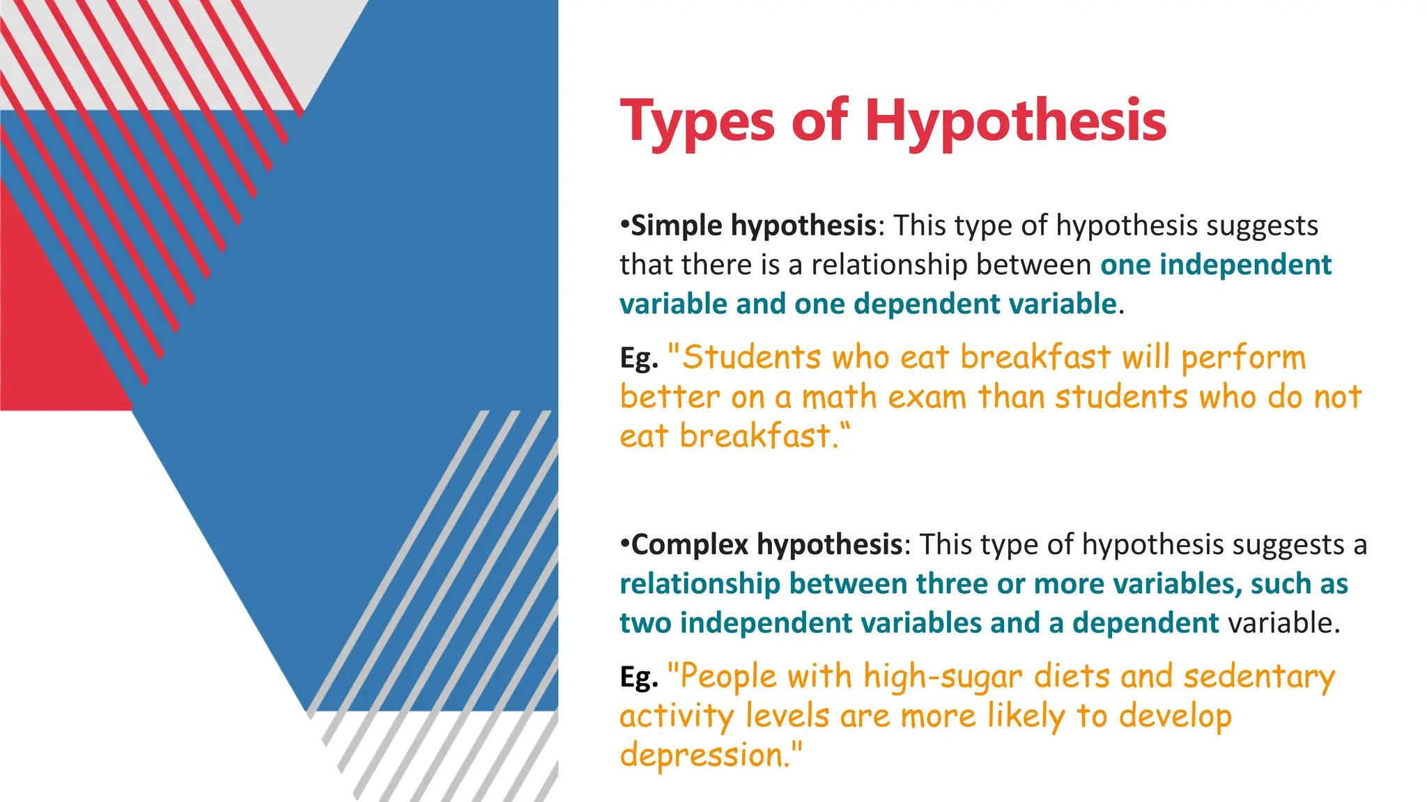 Types of Hypothesis
•Simple hypothesis: This type of hypothesis suggests
that there is a relationship between one independent
variable and one dependent variable.
Eg. "Students who eat breakfast will perform
better on a math exam than students who do not
eat breakfast.“
•Complex hypothesis: This type of hypothesis suggests a
relationship between three or more variables, such as
two independent variables and a dependent variable.
Eg. "People with high-sugar diets and sedentary
activity levels are more likely to develop
depression."
 