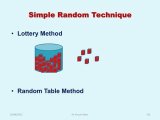 Simple Random Technique

 • Lottery Method




 • Random Table Method


12/08/2012            Dr. Kusum Gaur   122
 