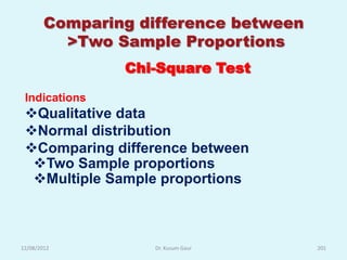 Comparing difference between
          >Two Sample Proportions
                Chi-Square Test
 Indications
 Qualitative data
 Normal distribution
 Comparing difference between
  Two Sample proportions
  Multiple Sample proportions



12/08/2012          Dr. Kusum Gaur     201
 