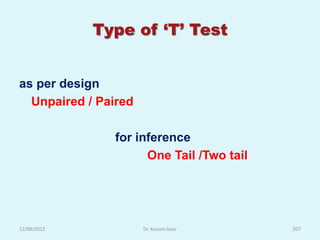 Type of ‘T’ Test


as per design
  Unpaired / Paired

               for inference
                     One Tail /Two tail




12/08/2012            Dr. Kusum Gaur      207
 