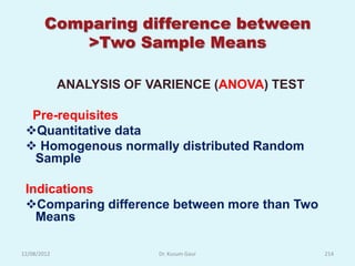 Comparing difference between
            >Two Sample Means

             ANALYSIS OF VARIENCE (ANOVA) TEST

  Pre-requisites
 Quantitative data
  Homogenous normally distributed Random
  Sample

 Indications
 Comparing difference between more than Two
   Means

12/08/2012                Dr. Kusum Gaur         214
 
