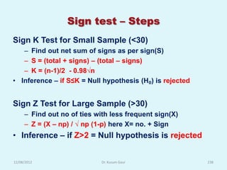 Sign test – Steps
Sign K Test for Small Sample (<30)
   – Find out net sum of signs as per sign(S)
   – S = (total + signs) – (total – signs)
   – K = (n-1)/2 - 0.98√n
• Inference – if S≤K = Null hypothesis (H₀) is rejected


Sign Z Test for Large Sample (>30)
     – Find out no of ties with less frequent sign(X)
     – Z = (X – np) / √ np (1-p) here X= no. + Sign
• Inference – if Z>2 = Null hypothesis is rejected


12/08/2012                   Dr. Kusum Gaur               238
 