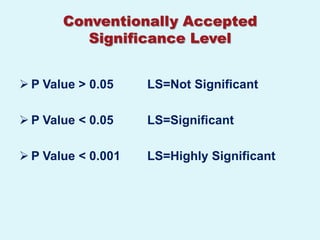 Conventionally Accepted
          Significance Level


 P Value > 0.05    LS=Not Significant

 P Value < 0.05    LS=Significant

 P Value < 0.001   LS=Highly Significant
 