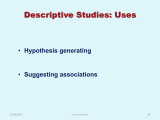 Descriptive Studies: Uses



      • Hypothesis generating


      • Suggesting associations




12/08/2012             Dr. Kusum Gaur    28
 
