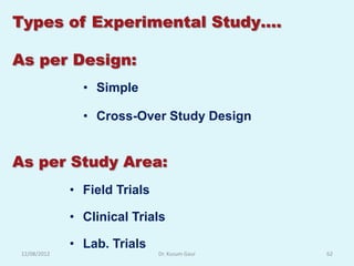 Types of Experimental Study….

As per Design:
                • Simple

                • Cross-Over Study Design


As per Study Area:
              • Field Trials

              • Clinical Trials

              • Lab. Trials
 12/08/2012                    Dr. Kusum Gaur   62
 