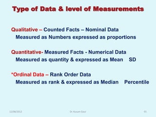 Type of Data & level of Measurements


 Qualitative – Counted Facts – Nominal Data
  Measured as Numbers expressed as proportions

 Quantitative- Measured Facts - Numerical Data
  Measured as quantity & expressed as Mean SD

 *Ordinal Data – Rank Order Data
   Measured as rank & expressed as Median   Percentile




12/08/2012            Dr. Kusum Gaur               91
 