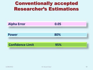 Conventionally accepted
             Researcher’s Estimations


   Alpha Error                          0.05

   Power                                80%

    Confidence Limit                    95%




12/08/2012             Dr. Kusum Gaur          99
 