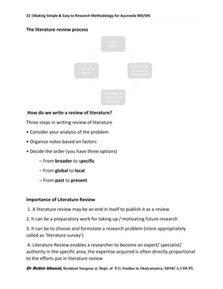 22 |Making Simple & Easy to Research Methodology for Ayurveda MD/MS
Dr Robin bhusal, Resident Surgeon @ Dept. of P.G Studies in Shalyatantra, SDMCA UDUPI.
The literature review process
How do we write a review of literature?
Three steps in writing review of literature
• Consider your analysis of the problem
• Organize notes based on factors
• Decide the order (you have three options)
– From broader to specific
– From global to local
– From past to present
Importance of Literature Review
1. A literature review may be an end in itself to publish it as a review
2. It can be a preparatory work for taking up / motivating future research
3. It can be to choose and formulate a research problem (more appropriately
called as ‘literature survey’)
4. Literature Review enables a researcher to become an expert/ specialist/
authority in the specific area; the expertise acquired is often directly proportional
to the efforts put in literature review
1.Select a
topic
2.Search &
choose the
literature
3.Analyse &
interpret the
literature
4. write the
review
 