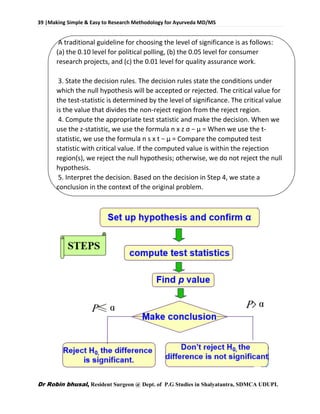 39 |Making Simple & Easy to Research Methodology for Ayurveda MD/MS
Dr Robin bhusal, Resident Surgeon @ Dept. of P.G Studies in Shalyatantra, SDMCA UDUPI.
A traditional guideline for choosing the level of significance is as follows:
(a) the 0.10 level for political polling, (b) the 0.05 level for consumer
research projects, and (c) the 0.01 level for quality assurance work.
3. State the decision rules. The decision rules state the conditions under
which the null hypothesis will be accepted or rejected. The critical value for
the test-statistic is determined by the level of significance. The critical value
is the value that divides the non-reject region from the reject region.
4. Compute the appropriate test statistic and make the decision. When we
use the z-statistic, we use the formula n x z σ − µ = When we use the t-
statistic, we use the formula n s x t − µ = Compare the computed test
statistic with critical value. If the computed value is within the rejection
region(s), we reject the null hypothesis; otherwise, we do not reject the null
hypothesis.
5. Interpret the decision. Based on the decision in Step 4, we state a
conclusion in the context of the original problem.
 
