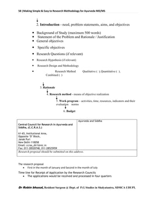 58 |Making Simple & Easy to Research Methodology for Ayurveda MD/MS
Dr Robin bhusal, Resident Surgeon @ Dept. of P.G Studies in Shalyatantra, SDMCA UDUPI.
2. Introduction - need, problem statements, aims, and objectives
 Background of Study (maximum 500 words)
 Statement of the Problem and Rationale / Justification
 General objectives
 Specific objectives
 Research Questions (if relevant)
 Research Hypothesis (if relevant)
 Research Design and Methodology
 Research Method Qualitative ( ), Quantitative ( ),
Combined ( )
3. Rationale
4. Research method - means of objective realization
5. Work program – activities, time, resources, indicators and their
evaluation norms
6. Budget
Central Council for Research in Ayurveda and
Siddha, (C.C.R.A.S.)
61-65, Institutional Area,
Opposite ‘D’ Block,
Janak Puri
New Delhi-110058
Email: ccras_dir1@nic.in
Fax: 011-28520748, 011-28525959
Ayurveda and Siddha
Research proposal should be submitted on this address.
The research proposal
 First in the month of January and Second in the month of July
Time line for Receipt of Application by the Research Councils
 The applications would be received and processed in four quarters
 