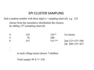 EPI CLUSTER SAMPLING
choose from the cumulative distribution the clusters
by adding 157 (sampling interval)
4 124 124 * 1st cluster
5 76 200
6 315 515 ** 2nd 123+157=280
3th 280+157=437
.
.
in each village (area) choose 7 children
Total sample 30 X 7= 210
find a random number with three digits (= sampling interval) e.g. 123
 