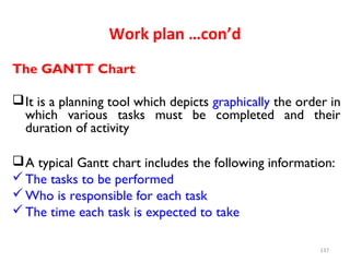 Work plan …con’d
The GANTT Chart
It is a planning tool which depicts graphically the order in
which various tasks must be completed and their
duration of activity
A typical Gantt chart includes the following information:
The tasks to be performed
Who is responsible for each task
The time each task is expected to take
137
 