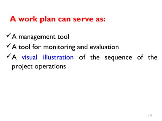 A work plan can serve as:
A management tool
A tool for monitoring and evaluation
A visual illustration of the sequence of the
project operations
138
 