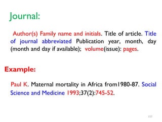 Journal:
Author(s) Family name and initials. Title of article. Title
of journal abbreviated Publication year, month, day
(month and day if available); volume(issue): pages.
Example:
Paul K. Maternal mortality in Africa from1980-87. Social
Science and Medicine 1993;37(2):745-52.
157
 