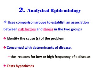2. Analytical Epidemiology
 Uses comparison groups to establish an association
between risk factors and illness in the two groups
♣ Identify the cause (s) of the problem
♣ Concerned with determinants of disease,
• the reasons for low or high frequency of a disease
♣ Tests hypotheses
 