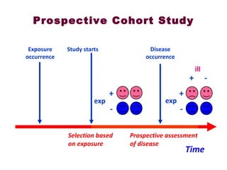 Prospective Cohort Study
+
-
+ -
ill
exp
+
-
exp
Disease
occurrence
Study startsExposure
occurrence
Prospective assessment
of disease
Selection based
on exposure
Time
 