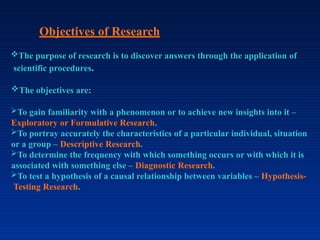 Objectives of Research
The purpose of research is to discover answers through the application of
scientific procedures.
The objectives are:
To gain familiarity with a phenomenon or to achieve new insights into it –
Exploratory or Formulative Research.
To portray accurately the characteristics of a particular individual, situation
or a group – Descriptive Research.
To determine the frequency with which something occurs or with which it is
associated with something else – Diagnostic Research.
To test a hypothesis of a causal relationship between variables – Hypothesis-
Testing Research.
 
