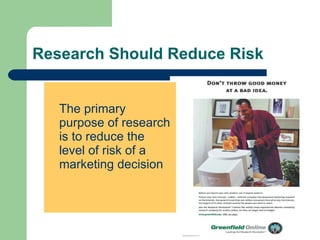 Research Should Reduce Risk The primary purpose of research is to reduce the level of risk of a marketing decision 