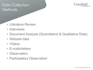 Data Collection
Methods

•
•
•
•
•
•
•
•

Literature Review
Interviews
Document Analysis (Quantitative & Qualitative Data)
Website data
Videos
E-mails/letters
Observation
Participatory Observation

 