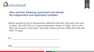 Now read the following experiment and identify
the independent and dependent variables
Mahra wanted to test if temperature affected how fast milk goes bad and
curdles. She left milk in a room temperature closet, a fridge, and a oven
that was turned on low heat. She then measured how rotten the milk was
after 10 days.
IV: ____________________________________
DV: ____________________________________
 