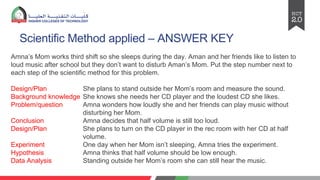 Scientific Method applied – ANSWER KEY
Amna’s Mom works third shift so she sleeps during the day. Aman and her friends like to listen to
loud music after school but they don’t want to disturb Aman’s Mom. Put the step number next to
each step of the scientific method for this problem.
Design/Plan She plans to stand outside her Mom’s room and measure the sound.
Background knowledge She knows she needs her CD player and the loudest CD she likes.
Problem/question Amna wonders how loudly she and her friends can play music without
disturbing her Mom.
Conclusion Amna decides that half volume is still too loud.
Design/Plan She plans to turn on the CD player in the rec room with her CD at half
volume.
Experiment One day when her Mom isn’t sleeping, Amna tries the experiment.
Hypothesis Amna thinks that half volume should be low enough.
Data Analysis Standing outside her Mom’s room she can still hear the music.
 