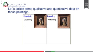 Let`s collect some qualitative and quantitative data on
these paintings.
7
3
 
