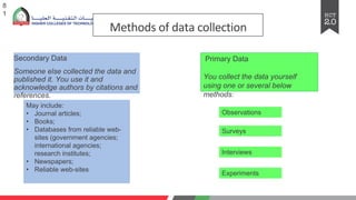Methods of data collection
Secondary Data
Someone else collected the data and
published it. You use it and
acknowledge authors by citations and
references.
8
1
Primary Data
You collect the data yourself
using one or several below
methods:
May include:
• Journal articles;
• Books;
• Databases from reliable web-
sites (government agencies;
international agencies;
research institutes;
• Newspapers;
• Reliable web-sites
Observations
Surveys
Interviews
Experiments
 