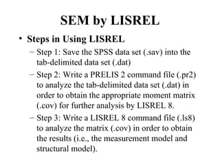 SEM by LISREL
• Steps in Using LISREL
  – Step 1: Save the SPSS data set (.sav) into the
    tab-delimited data set (.dat)
  – Step 2: Write a PRELIS 2 command file (.pr2)
    to analyze the tab-delimited data set (.dat) in
    order to obtain the appropriate moment matrix
    (.cov) for further analysis by LISREL 8.
  – Step 3: Write a LISREL 8 command file (.ls8)
    to analyze the matrix (.cov) in order to obtain
    the results (i.e., the measurement model and
    structural model).
 