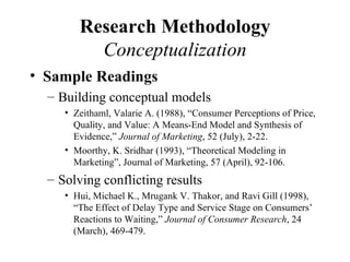 Research Methodology
          Conceptualization
• Sample Readings
  – Building conceptual models
     • Zeithaml, Valarie A. (1988), “Consumer Perceptions of Price,
       Quality, and Value: A Means-End Model and Synthesis of
       Evidence,” Journal of Marketing, 52 (July), 2-22.
     • Moorthy, K. Sridhar (1993), “Theoretical Modeling in
       Marketing”, Journal of Marketing, 57 (April), 92-106.
  – Solving conflicting results
     • Hui, Michael K., Mrugank V. Thakor, and Ravi Gill (1998),
       “The Effect of Delay Type and Service Stage on Consumers’
       Reactions to Waiting,” Journal of Consumer Research, 24
       (March), 469-479.
 