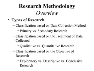 Research Methodology
            Overview
• Types of Research
  – Classification based on Data Collection Method
     • Primary vs. Secondary Research
  – Classification based on the Treatment of Data
    Collected
     • Qualitative vs. Quantitative Research
  – Classification based on the Objective of
    Research
     • Exploratory vs. Descriptive vs. Conclusive
       Research
 