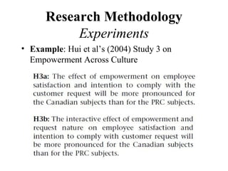 Research Methodology
           Experiments
• Example: Hui et al’s (2004) Study 3 on
  Empowerment Across Culture
 