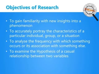 Objectives of Research
• To gain familiarity with new insights into a
phenomenon
• To accurately portray the characteristics of a
particular individual, group, or a situation
• To analyse the frequency with which something
occurs or its association with something else.
• To examine the Hypothesis of a casual
relationship between two variables
 