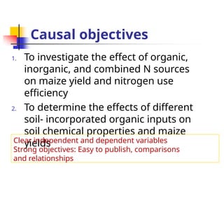 Causal objectives
1. To investigate the effect of organic,
inorganic, and combined N sources
on maize yield and nitrogen use
efficiency
2. To determine the effects of different
soil- incorporated organic inputs on
soil chemical properties and maize
yields
Clear independent and dependent variables
Strong objectives: Easy to publish, comparisons
and relationships
 